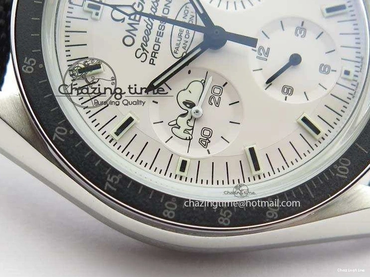 0202 TimelessDesign Speedmaster JHF SS Snoopy Award 45th Anniversary White Dial On Black Nylon Strap 8209